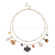 Brass Satellite Chains Double Layer Necklace, Skeleton & Pumpkin & Bat Alloy Enamel Charms Halloween Necklace for Women, Colorful, 15.75 inch(40cm)(NJEW-TA00073)