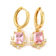 Brass Micro Pave Clear Cubic Zirconia Hoop Earrings for Women, Lead Free & Cadmium Free, Rectangle, Pearl Pink, 27.5mm(EJEW-U015-21G)