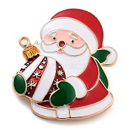 Christmas Theme Alloy Enamel Brooches, for Backpack Clothes, Santa Claus with Christmas Bell , FireBrick, 42x37mm(JEWB-S022-03E)