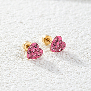 Heart Shaped Rhinestone Stud Earrings, Stainless Steel Women's Jewelry, Pink, 7x7mm(ZE1271)