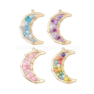 Real 18K Gold Plated Brass Pendants, with Glass Seed Beaded, Moon Charms, Mixed Color, 26.5x17.5x3mm, Hole: 1mm(PALLOY-JF02123)