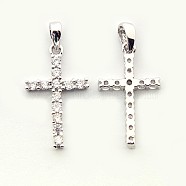 Brass Micro Pave Cubic Zirconia Pendants, Cadmium Free & Nickel Free & Lead Free, Latin Cross, Platinum, 21x12x3mm, Hole: 3x2mm(ZIRC-N009-10P)