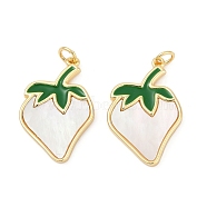 Brass Pave Natural White Shell Pendants, Strawberry Charms with Green Enamel, Cadmium Free & Lead Free, Lasting Plated, Rack Plating, Real 18K Gold Plated, 26.5x17x2mm, Hole: 3.5mm(KK-U058-06G)