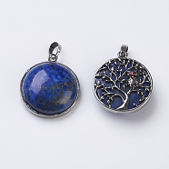 Natural Lapis Lazuli Pendants, Flat Round, Antique Silver, 31.5x27x9mm, Hole: 5x8mm(G-E436-02C)