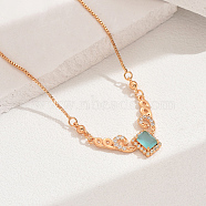 Elegant Vintage Brass Pave Cubic Zirconia Women's Rectangle Pendant Necklaces, Real 18K Gold Plated, Pale Turquoise, 18.70 inch(47.5cm)(DI2317-5)