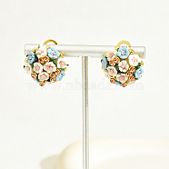 Plastic 3D Flower Hoop Earrings with Cubic Zirconia, Real 18K Gold Plated Alloy Earrings, Light Sky Blue, 20mm(XJ8294-4)