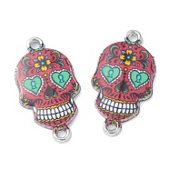 Alloy Enamel Links Connectors, Sugar Skull, for Mexico Holiday Day of the Dead, Platinum, Red, 25.5x13.5x2.5mm, Hole: 1.6mm(ENAM-F140-02B-P)