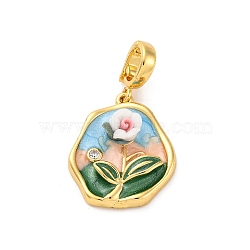 Brass Enamel Pendants, with Resin, Real 18K Gold Plated, Flat Round with Flower Charm, Sky Blue, 31mm, Hole: 6x4.5mm(KK-S502-04G-A)