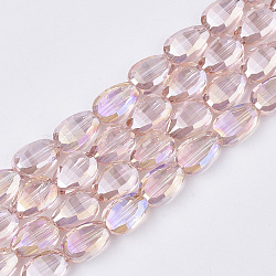 Electroplate Transparent Glass Beads Strands, AB Color Plated, Faceted, Teardrop, Pink, 8.5x6x3.5mm, Hole: 1mm, about 80pcs/strand, 26.38 inch(67cm)(EGLA-T020-06B)