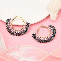 304 Stainless Steel & Bohemian Beaded Fan Hoop Earrings for Women, Golden, Purple, 43.5x50x4.5mm, Pin: 0.8mm(EJEW-R001-01G-02)