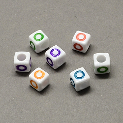 Large Hole Colorful Acrylic Letter European Beads, Horizontal Hole, Cube with Letter.O, 7x7x7mm, Hole: 4mm, about 1144pcs/500g(SACR-Q104-02O)
