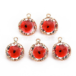 Transparent Glass Pendants, with Brass Prong Settings, Faceted, Flat Round with Evil Eye, Light Gold, Orange Red, 17x13x6mm, Hole: 1.8mm(GLAA-S193-004D)
