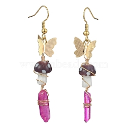 Dyed Natural Quartz Crystal Nugget & Mushroom Lampwork Dangle Earrings, Golden Brass Butterfly Long Drop Earrings, Purple, 63~75x6.5~11mm(EJEW-TA00335-03)