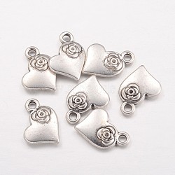 Tibetan Style Alloy Charms Pendants, Heart with Flower, Cadmium Free & Nickel Free & Lead Free, Antique Silver, 14x11x3mm, Hole: 1mm(TIBEP-A124433-AS-FF)