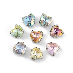 Brass Glass Rhinestone Sew on Rhinestones, Heart, Faceted, Mixed Color, Platinum, 8x8x5.5mm, Hole: 0.8mm(RGLA-U001-11P-01)