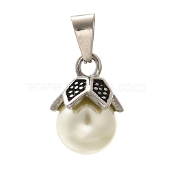 304 Stainless Steel Plastic Pearl Pendants, Round, Antique Silver, 16.5x12mm, Hole: 7x3.5mm(STAS-U035-20AS)