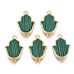 Brass Connector Charms, with Synthetic Malachite, Cadmium Free & Nickel Free & Lead Free, Real 18K Gold Plated, Hamsa Hand/Hand of Miriam, Sea Green, 19.5x12x3mm, Hole: 1.2mm(KK-N233-171B-01D)