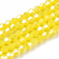 Opaque Solid Color Electroplate Glass Beads Strands, AB Color Plated, Faceted, Bicone, Yellow, 2.9~3.3x2.5mm, Hole: 0.7mm, about 145~150pcs/strand, 16.34~16.54 inch(41.5~42cm)(EGLA-A039-P2mm-B05)