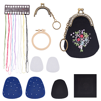 Tree Pattern Kiss Lock Purse Embroidery Starter Kit, Including Plastic Embroidery Hoop, Fabric, Threads, Needles, Purse Hoop Keychain, Mixed Color, 75~145x62~140x0.1~9mm