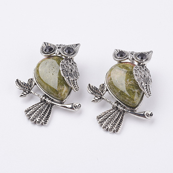Natural Unakite Pendants, with Alloy Finding, Owl, Antique Silver, 46.5x35.5x11.5mm, Hole: 6x8.5mm