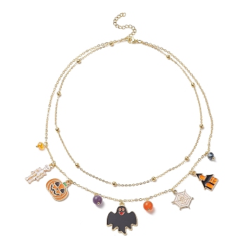 Brass Satellite Chains Double Layer Necklace, Skeleton & Pumpkin & Bat Alloy Enamel Charms Halloween Necklace for Women, Colorful, 15.75 inch(40cm)