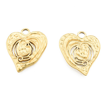 Ion Plating(IP) 201 Stainless Steel Pendants, Heart, Real 18K Gold Plated, 21x18.5x2mm, Hole: 2.5mm