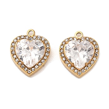 Real 14K Gold Plated 304 Stainless Steel Pendants, with Glass and Rhinestone, Heart Charms, Clear, 16.5x13.5x6mm, Hole: 1.6mm