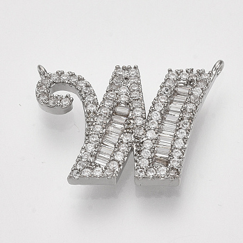 Real Platinum Plated Brass Pendants, with Clear Cubic Zirconia, Letter, Nickel Free, Letter.W, 14x19.5x2.5mm, Hole: 1mm