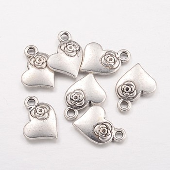 Tibetan Style Alloy Charms Pendants, Heart with Flower, Cadmium Free & Nickel Free & Lead Free, Antique Silver, 14x11x3mm, Hole: 1mm