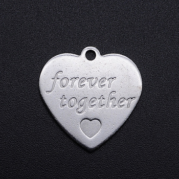 Non-Tarnish Valentine's Day Theme, 201 Stainless Steel Pendants, Heart with Word Forever Together, Stainless Steel Color, 23x22x1mm, Hole: 1.8mm