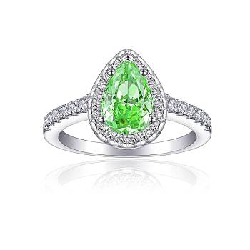 925 Sterling Silver Micro Pave Cubic Zirconia Plain Band Rings, Real Platinum Plated, Teardrop, Lime, Inner Diameter: 17.4mm