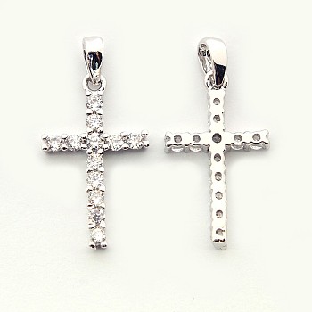 Brass Micro Pave Cubic Zirconia Pendants, Cadmium Free & Nickel Free & Lead Free, Latin Cross, Platinum, 21x12x3mm, Hole: 3x2mm