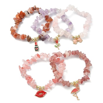 Natural & Synthetic Mixed Gemstone Chips Beaded Stretch Bracelet, Alloy Enamel Charms Valentine's Day Theme Bracelet, Mixed Shapes, Inner Diameter: 1-7/8~2-1/8 inch(4.8~5.5cm)