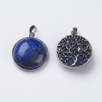Natural Lapis Lazuli Pendants, Flat Round, Antique Silver, 31.5x27x9mm, Hole: 5x8mm