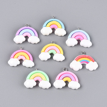 Opaque Resin Pendants, Rainbow, with Platinum Plated Iron Loops, Mixed Color, 20~21.5x25~27.5x5~7mm, Hole: 2mm