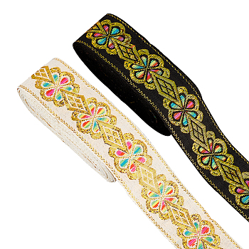 2 Rolls 2 Colors Ethnic Style Embroidery Polyester Ribbons, Jacquard Ribbon, Tyrolean Ribbon, Garment Accessories, Flower Pattern, Mixed Color, 1-3/4 inch(45mm), about 7.66 Yards(7m)/Roll, 1 roll/color