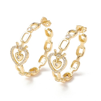 Heart with Crown Cubic Zirconia Stud Earrings, Brass Half Hoop Earrings for Women, Golden, 33x34.5x12mm, Pin: 0.9mm