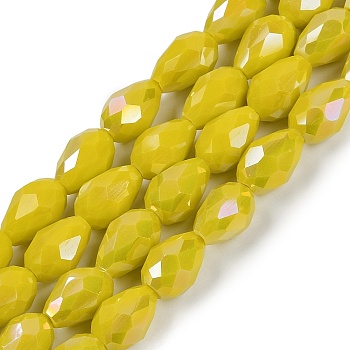 Opaque Solid Color Electroplate Glass Beads Strands, AB Color Plated, Faceted, Teardrop, Champagne Yellow, 8x6mm, Hole: 1.2mm, about 65~67pcs/strand, 20.08 inch(51cm)