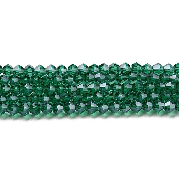 Transparent Electroplate Glass Beads Strands, Pearl Luster Plated, Faceted, Bicone, Teal, 3.5~3.8x3mm, Hole: 0.8mm, about 113~115pcs/strand, 14.17~14.37 inch(36~36.5cm)