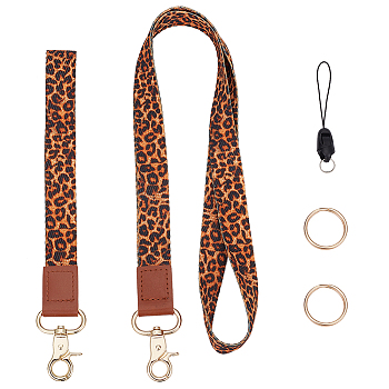 Adjustable Mobile Phone Lanyard, Cute Polyester Shoulder Neck Strap, Wrist Strap, 2 Key Rings and Detachable Mobile Phone Strap, Leopard Print Pattern, 510~512x20x1mm