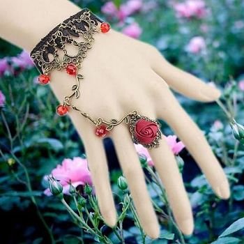 Gothic Style Retro Alloy Lace Flower Link Rings Bracelets for Women, Red, No Sise