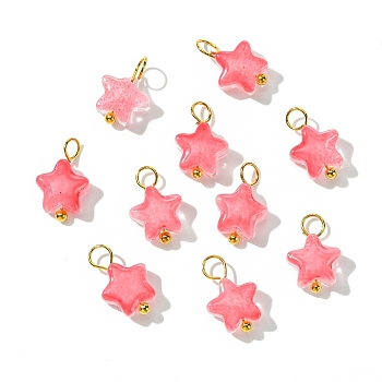 Glass Pendant, with Brass Findings, Star, Golden, Light Coral, 14mm, Hole: 2.5mm, 10pcs/set