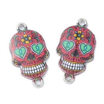 Alloy Enamel Links Connectors, Sugar Skull, for Mexico Holiday Day of the Dead, Platinum, Red, 25.5x13.5x2.5mm, Hole: 1.6mm