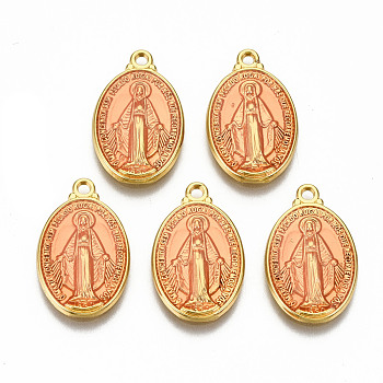 Brass Enamel Pendants, Long-Lasting Plated, Oval with Saint, Golden, Pearl Pink, 19.5x12x2mm, Hole: 1.5mm