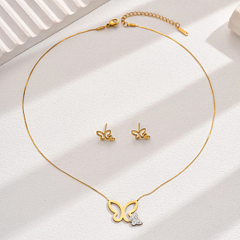 18K Gold Plated Stainless Steel Jewelry Set, Butterfly Pendant & Stud Earrings