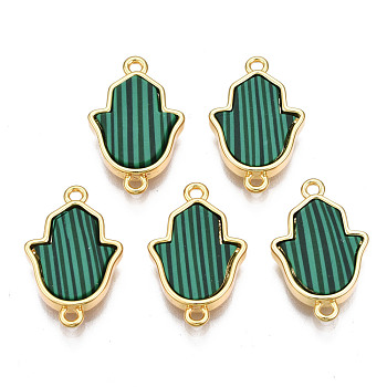 Brass Connector Charms, with Synthetic Malachite, Cadmium Free & Nickel Free & Lead Free, Real 18K Gold Plated, Hamsa Hand/Hand of Miriam, Sea Green, 19.5x12x3mm, Hole: 1.2mm