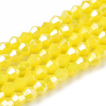 Opaque Solid Color Electroplate Glass Beads Strands, AB Color Plated, Faceted, Bicone, Yellow, 2.9~3.3x2.5mm, Hole: 0.7mm, about 145~150pcs/strand, 16.34~16.54 inch(41.5~42cm)