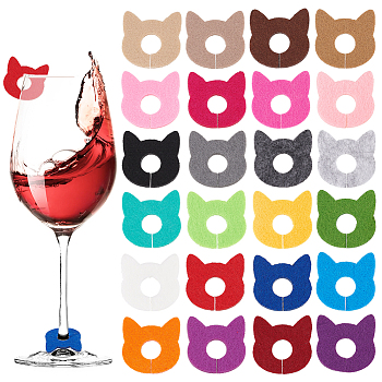 24Pcs 24 Colors Felt Wine Glass Charms, Cat Head, Mixed Color, 35x35mm, Hole: 10mm, 1pc/color