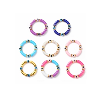 8Pcs 8 Color Acrylic Curved Tube & Plastic Evil Eye Beaded Stretch Bracelets Set, Lucky Stackable Bracelets for Women, Mixed Color, Inner Diameter: 2-1/8 inch(5.5cm), 1Pc/color