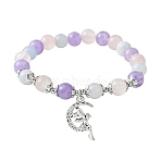 8mm Round Natural Aquamarine & Rose Quartz & Amethyst Beaded Stretch Bracelets, Tibetan Style Alloy Moon with Fairy Charm Bracelets for Women, Inner Diameter: 2-1/4 inch(5.8cm)(BJEW-TA00502)